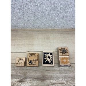 Set Of 5 Mixed Brands Wood Mounted Rubber Stamps Flowers & Plants